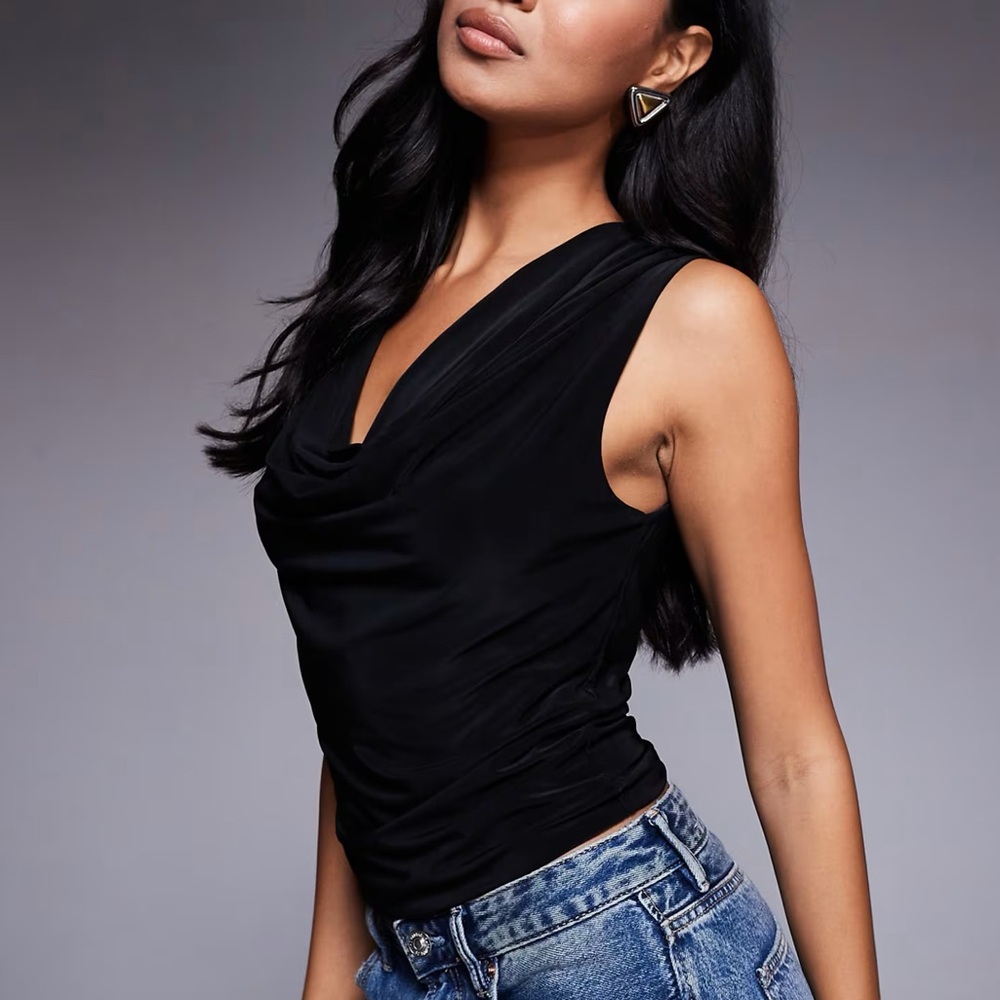 Sleeveless Draped Deep Cowl Neck Top in Black